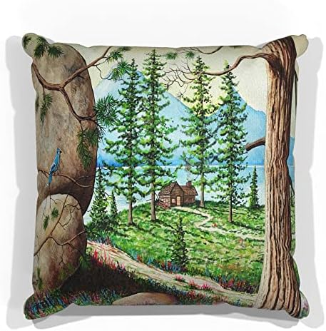 Кабината на езерото и планините faux велур троседот фрлаат перница од цртање и сликарство од уметникот Мајк Бенет 18 x 18.
