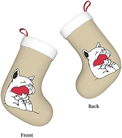 Yuyuy Француски срцев булдог Божиќна порибна декорација на одмор камин виси чорап 18 инчи чорапи