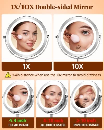 Gospire 7 огледало за шминка со светла и зголемување 1x / 10x, 360 ° ротација осветлено зголемување на огледалото со двојно напојување, осветлете