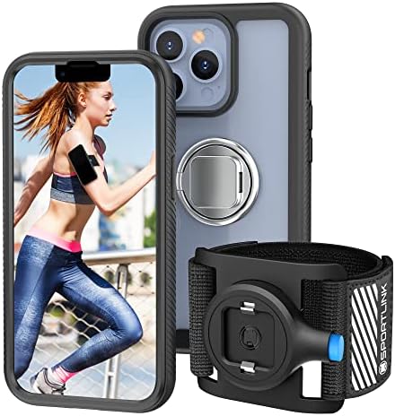 SportLink Компатибилен со iPhone 13 Pro Max Running Armband - држач за мобилни телефони за трчање со чиста шок -отпорна кутија и држач за прстен за телефон за спортски фитнес