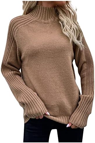 Rmxei жени обична цврста боја пуловер со висок врат џемпер со долг ракав
