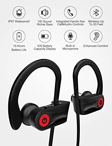 Suyudak Bluetooth Слушалки, Работи Безжични Слушалки Со 12 Часа Playtime, HD Длабоко Бас Стерео IPX7 Водоотпорен Слушалки За Тренингот И