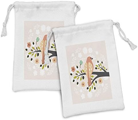 Амбесон Шумска Ткаенина Торбичка Комплет од 2, Скандинавска Инспирирана Птица на Гранка Од Дрво во Цветен Венец, Мала Торба За Врвки