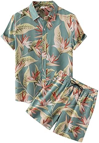 Менс 2 парчиња Обични облеки Машки Хаваи Лисја од лисја од два парчиња со кратки ракави, исклучете го џебот од кошула од јака