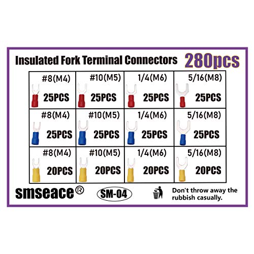 SMSEACE 280PCS Изолирани терминали на вилушка, конектор за жица од типот на типот Електричен терминал + 50 парчиња