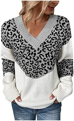 Женски есен џемпери есенска цврста боја крпеница леопард печати долг ракав пулвер плетен џемпер