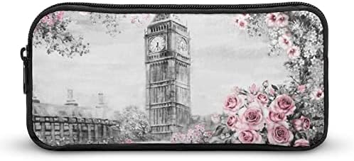 Британски Биг Бен со розови цвеќиња со голем капацитет молив за складирање на куќиште за отпадоци за канцелариски отвор за канцелариски торбички за пенкало со пат?