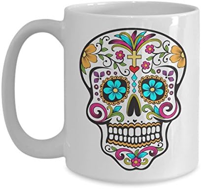Холивуд и канап Ден на мртвата кригла - Шарена шеќер череп кригла - Мексиканска народна уметност - Дија де лос Муертос чаша за кафе