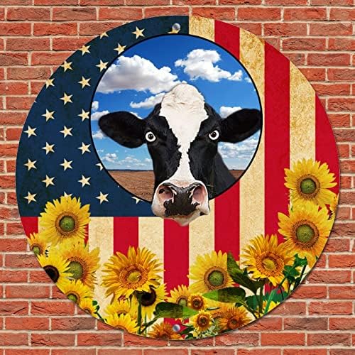 Тркалезна метална калај знак плакета изложена американска знаме Смешна крава на фарма сино небо Сончогледи Гроздобер венец знак дома паб знак рустикален
