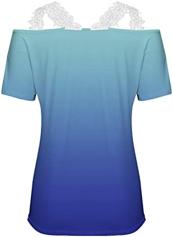 Капчиња чипка против блузи на вратот за жени летни врвови ладно рамо маица кратки ракави печати лабава пријатна блуза