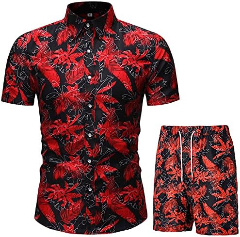 XXBR машки случајни копче надолу со кратки ракави на хавајски кошули одговараат на плажа цветни 2 парчиња за одмор на тимови за одмор