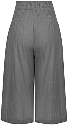 Womenените еластични високи половини плетени исечени панталони со џебови цврсти летни бохо плажа ланги панталони широки џемпери