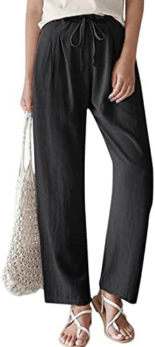 Dsodan женски постелнини панталони Обични летни удобни широки нозе лабави се вклопуваат во целосна должина мода со долги панталони за