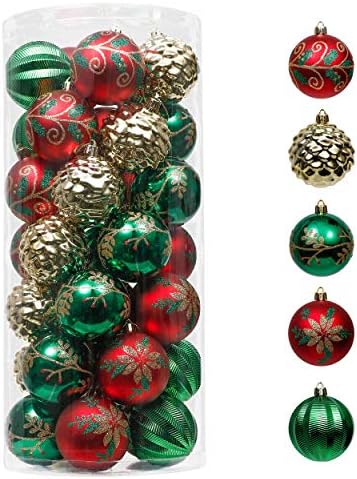 Valery Madelyn 35ct 70mm Традиционално црвено зелено злато божиќни украси за божиќни декор, распрскувани украси за новогодишна елка
