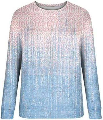 Женски обичен цветен принт со долги ракави на врвови на лесен џемпер за џемпери, џемпер со долги ракави со долг ракав