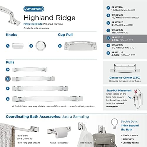 Амерок | Повлечете го кабинетот | Полиран хром | 3-3/4 инчи центар до центар | Хајленд Риџ | 1 пакет | Повлечете фиока | Рачка на фиоки | Хардвер