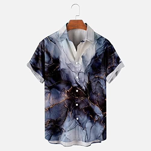 Мажи хавајски кошули со лекови за печатење со мермерки со џебови со џебови лабава трева со кратки ракави на плажа блузи