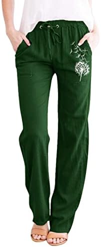 Kcjgikpok Постелнини широки панталони за нозе, цврсти високи половини со меки ставови со меки ленти со џебови женски панталони за пешачење