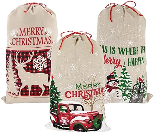 Cozy Lil 'Christmas 3 Santa Burlap вреќа за Божиќни подароци со вреќи со влечење 29 x 18 за големо складирање на пакети за Божиќ, материјали за забави за настани, фаворити за Божиќна з