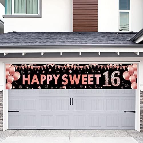 16 -ти роденденски банер украси за девојчиња, среќна слатка 16 роденденска забава во дворот знаци, резерви на розово злато на отворено