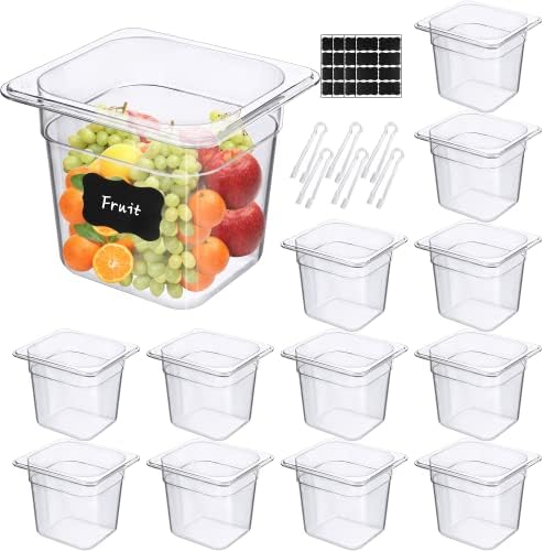 Кочори 12 пакувања чисти тави за храна 1/6 со големина акрилна транспарентна храна тава за стабилна пластична тава со индикатор за капацитет 6 '' Длабоки контејнери за