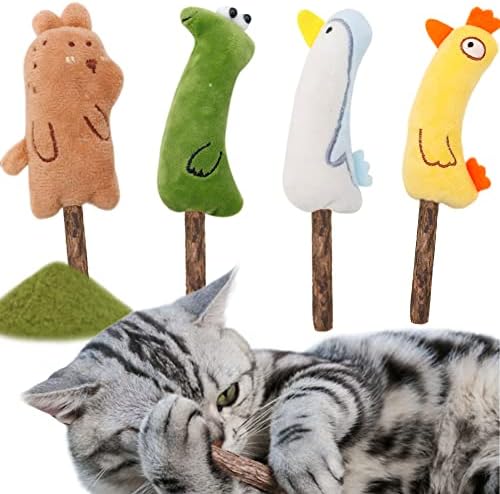 Играчка за џоина Catnip, играчка за џвакање со мачки 4PCS Silvervine Sticks за мачки, стапчиња за џвакање со матаби, мека кадифен