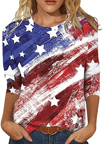 Patherенски летно американско знаме Патриотски маички лето летен обичен празник 3/4 ракави врвови на 4 -ти јули екипаж на вратот Основен мета