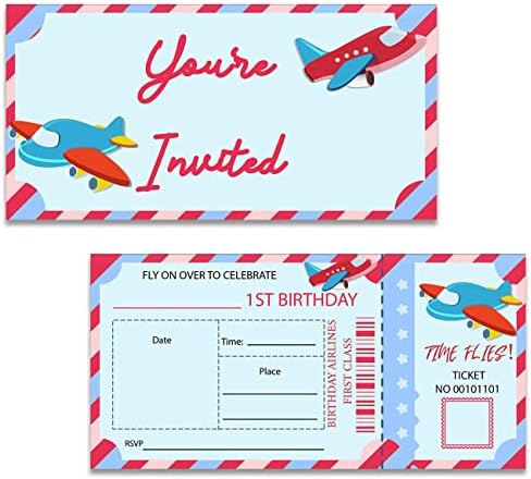 Покани за билети за прва роденденска забава со авион на авион од 20 со коверти Симпатична авионска 1-ви роденденска забава поканува