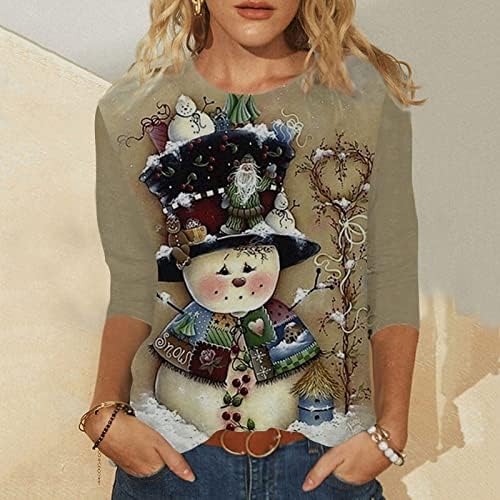 Burlyенски грди божиќни кошули за печатење каузални 3/4 ракав тркалезен врат пулвер блуза трендовски Божиќни празници врвови
