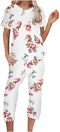 Панталони за панталони поставени женски летни есен облека мода памук графички капри со права нозе панталони поставени за девојки уб уб