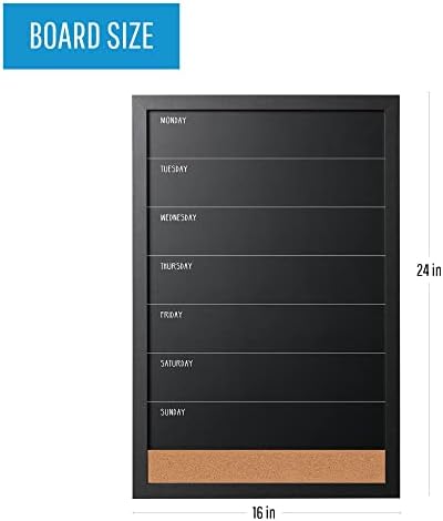 Mastervision Combo неделен планер wallиден картон со природна лента за плута, црна рамка, 16 x 24 инчи