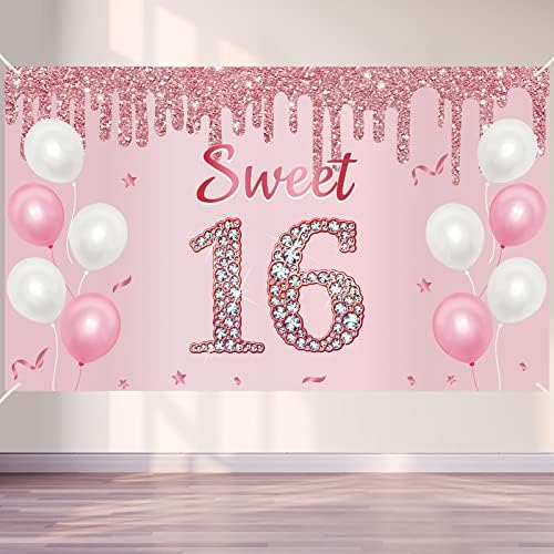 Розово Розово Злато 16-Ти Роденден Банер Украси За Девојки, Среќен Сладок 16 Роденден Знак Забава Материјали, Слатка Шеснаесет Роденден