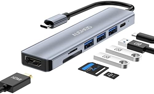USB C лаптоп докинг станица, Audheid 7 во 1 Type C Hub MultiPort адаптер со 3 USB порта, SD & TF читач на картички, 100W PD полнач,