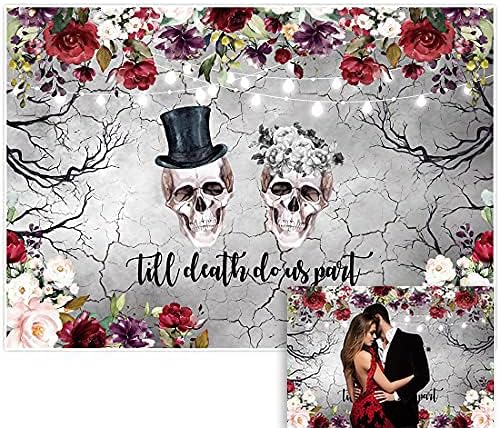 Allenjoy 7x5ft Ноќта на вештерките до смртта, немој да го разделиме позадината на плашливиот свадбен невестински туш невеста и черепот за младоженец г -дин и г -ѓа годишни?