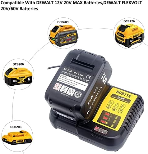 DCB112 Replacement Battery Charger for Dewalt Charger DCB101 DCB105 DCB115 DCB107,Dewalt 12V & 20V/60V MAX Lithium-Ion Batteries DCB206 DCB205 DCB230 DCB240 DCB120 DCB126 DCB612 DCB612 DCB609 DCB606