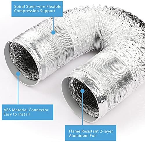 Yijuhou 4 инчи 8ft црево за вентилатор, црево од алуминиумска фолија, сребрен флексибилен воздушен канал со 2 стеги