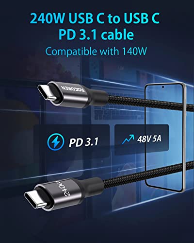 Rocoren 240W PD3.1/QC5.0 USB C до USB C кабел 10ft, компатибилен со брзо полнење со 140W 100W, трансфер на податоци од 480 Mbps, компатибилен со MacBook Pro/Air, iPad Pro/Air, Samsung Galaxy S23/22/21, лаптопи