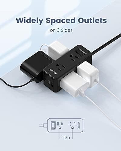 Заштитник на електрична лента за напојување со USB, SuperDanny Mini Flat Plug Extension Cord со 6 широко простории и 3 USB порти