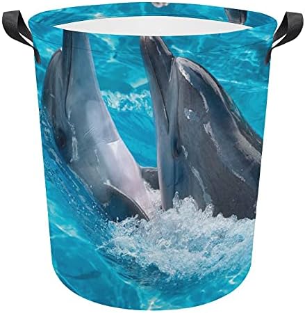 Кошница за перење FODUODUO Два симпатична делфин на водата за перење на вода со рачки со рачки што може да се преклопи со валкана