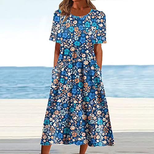 Lutенски летен летен обичен врат со кратки ракави со кратки ракави, преклопени цветни печатени фустани, лабави долги фустани со џебови