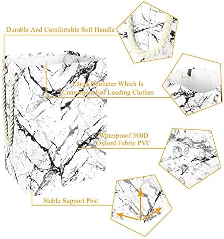 Естетски црно -бел мермер Голем алишта за перење со лесна рачка за носење, водоотпорна корпа за перење алишта за канти за складирање