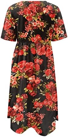 Летни фустани за жени 2023 плус големина обичен џеб со кратки ракави, обичен цветен цветен фустан со бохо, проточни фустани