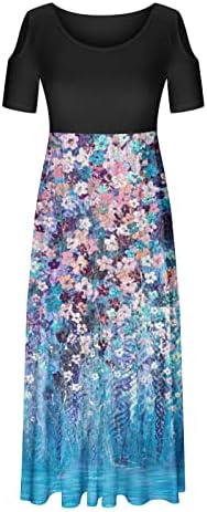 Chrortенски краток ракав цветни макси фустани обични долги фустани со џебови ладно рамо лето печатен фустан