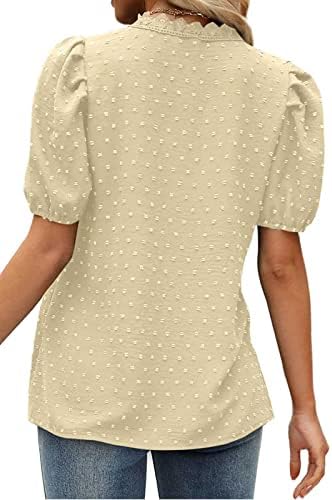 Lcepcy чипка трим швајцарски врвови за жени за жени случајна цврста боја v вратот со кратки ракави блуза лабава вклопена маица