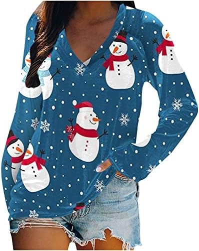 Божиќна маица за жени бејзбол долг ракав Раглан В-врат блуза Божиќна снегулка пуловер за џемпери Туника Туника