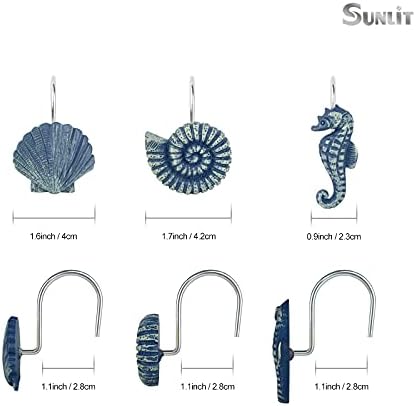 Сончеви школки Декоративни куки за завеси за туширање, сини океански суштества крајбрежни прстени за завеси за туширање, смола, наутичка
