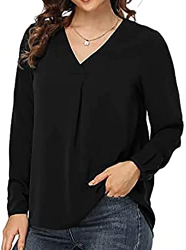 Падот на врвовите за жените работат обичен џемпер со џемпер со врат со долги ракави врвови со цврста боја маица Топ блуза