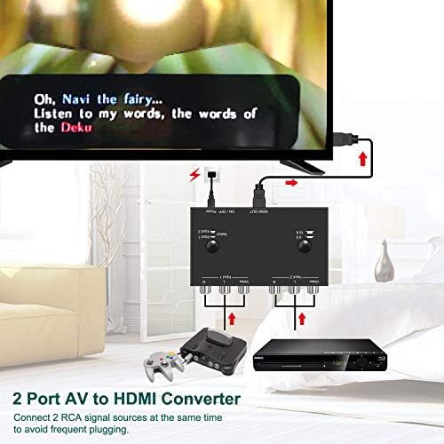 LVY 2AV до HDMI конверторот Двоен RCA во HDMI конвертор, 2 RCA влез 1HDMI излезна поддршка 16: 9/4: 3 Компатибилен со Wii, N64, PS1, PS2,