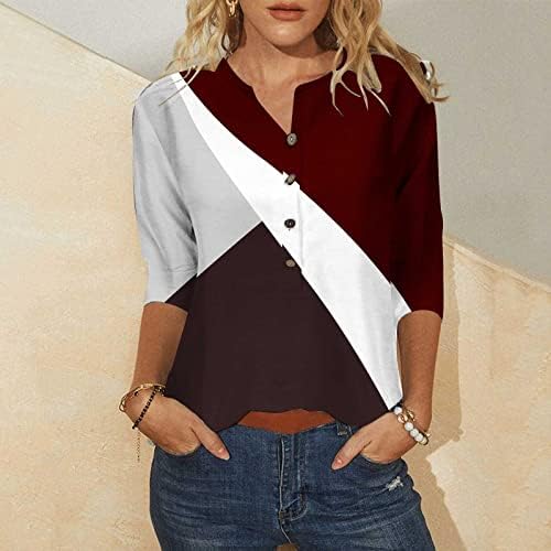 Womenените 3/4 врвови на ракави печатени маички лето V вратот слатко Хенли маичка лабава маица со копче V вратот блузи туника