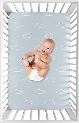 Слатка Jојо Дизајнс Сини облаци момче опремено мини креветче за бебешки расадници за преносни креветчиња или пакувања и игра - чеша и бело облачно небо за колекција